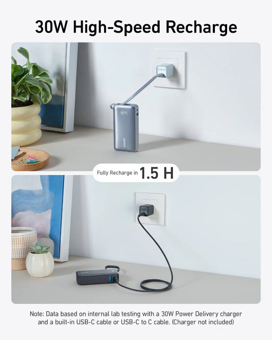 Anker Nano 10K mAh 30W Power Bank W/ Built-In USB-C Cable - Black